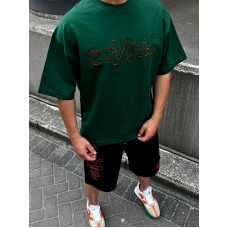 Літній чоловічий спортивний костюм футболка та шорти оверсайз «СТИЛЬ” чорний з зеленим