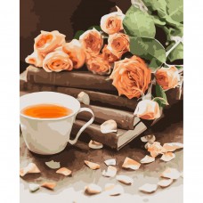 Картина за номерами Strateg ПРЕМІУМ Чай і троянди з лаком розміром 40х50 см VA-3621
