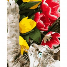 Картина за номерами Strateg ПРЕМІУМ Котик з тюльпанами з лаком розміром 40х50 см (SY6810)