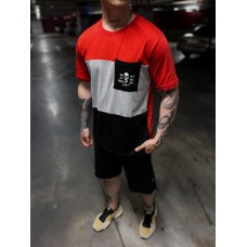 Крутая модная трёхцветная (красный, белый, черный) оверсайз футболка с принтом / Футболки с черепами мужские