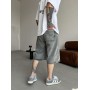 Модные джинсовые шорты мужские летние МОМ свободные  серого цвета / Шорты джинсовые мужские рваные