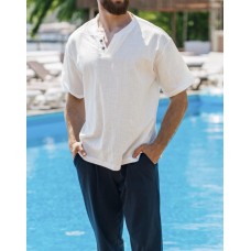Літня чоловіча сорочка з льону з коротким рукавом на кожен день біла / Якісні льняні сорочки для чоловіків