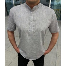 Легкая мужская рубашка из льна с коротким рукавом на каждый день серая / Качественные мужские рубашки с коротким рукавом