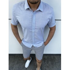 Легка льняна сорочка чоловіча з коротким рукавом повсякденна блакитна / Якісні льняні сорочки для чоловіків
