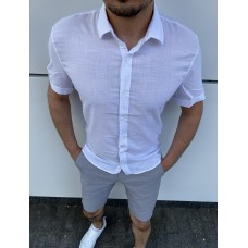 Літня чоловіча сорочка з льону з коротким рукавом на кожен день біла / Якісні льняні сорочки для чоловіків
