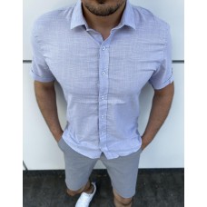 Летняя льняная рубашка мужская с коротким рукавом на каждый день голубая / Стильные мужские рубашки с коротким рукавом