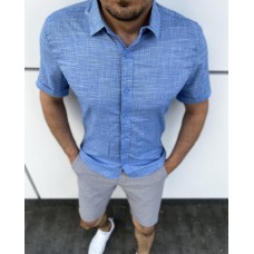 Летняя льняная рубашка мужская с коротким рукавом на каждый день голубая / Стильные льняные рубашки для мужчин