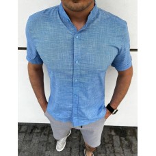 Літня чоловіча сорочка з льону з коротким рукавом повсякденна блакитна / Якісні льняні сорочки для чоловіків