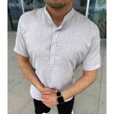 Легкая мужская рубашка из льна с коротким рукавом на каждый день серая / Стильные мужские рубашки с коротким рукавом