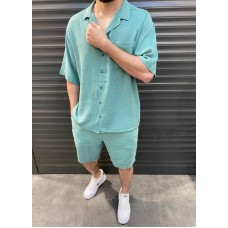 Удобный модный мужской летний комплект рубашка с шортами casual бирюзовый