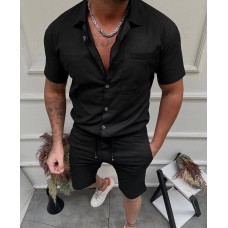 Легкий стильный мужской костюм на лето рубашка и шорты на каждый день черный