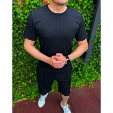 Удобный стильный мужской летний комплект футболка с шортами повседневный черный