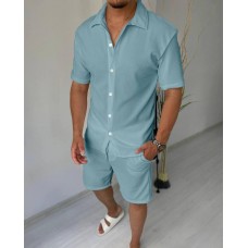 Удобный модный мужской летний комплект шорты + рубашка повседневный бирюзовый