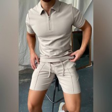 Легкий качественный мужской летний костюм футболка с шортами повседневный бежевый