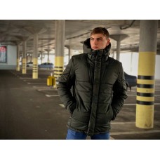 Комфортна куртка чоловіча пуховик тепла зимня стьобана з капюшоном кольору хакі | Куртки чоловічі зима