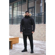 Удобная куртка мужская пуховик теплая зимняя парка с капюшоном с мехом черная | Зимние мужские куртки