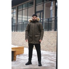 Удобная куртка мужская пуховик теплая зима парка с капюшоном с мехом хаки | Зимние мужские куртки